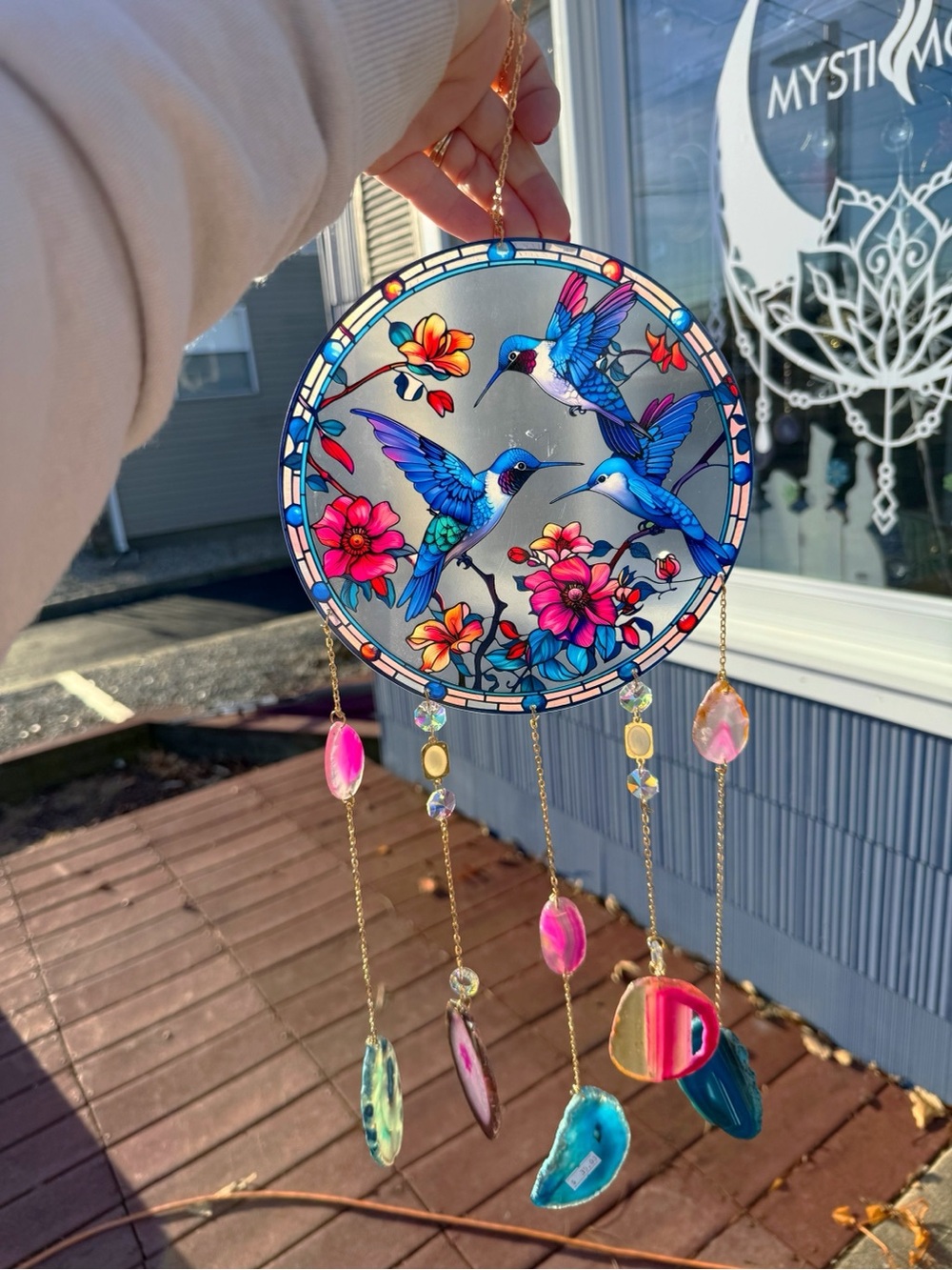 Blue Hummingbird resin Suncatcher with Pink Flowers
